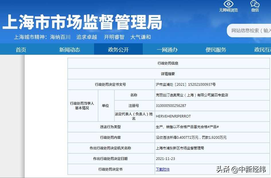 上海迪奥分店违法销售不合格T恤，被罚1.92万元